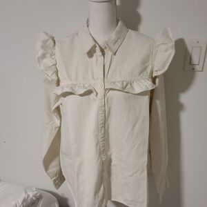 Free People Cream Ruffle Button Down Shirt